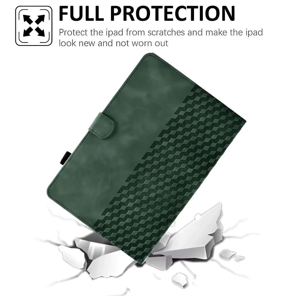 iPad Pro 11 leather case with diamond frosted texture showing card slots and adjustable stand mechanism