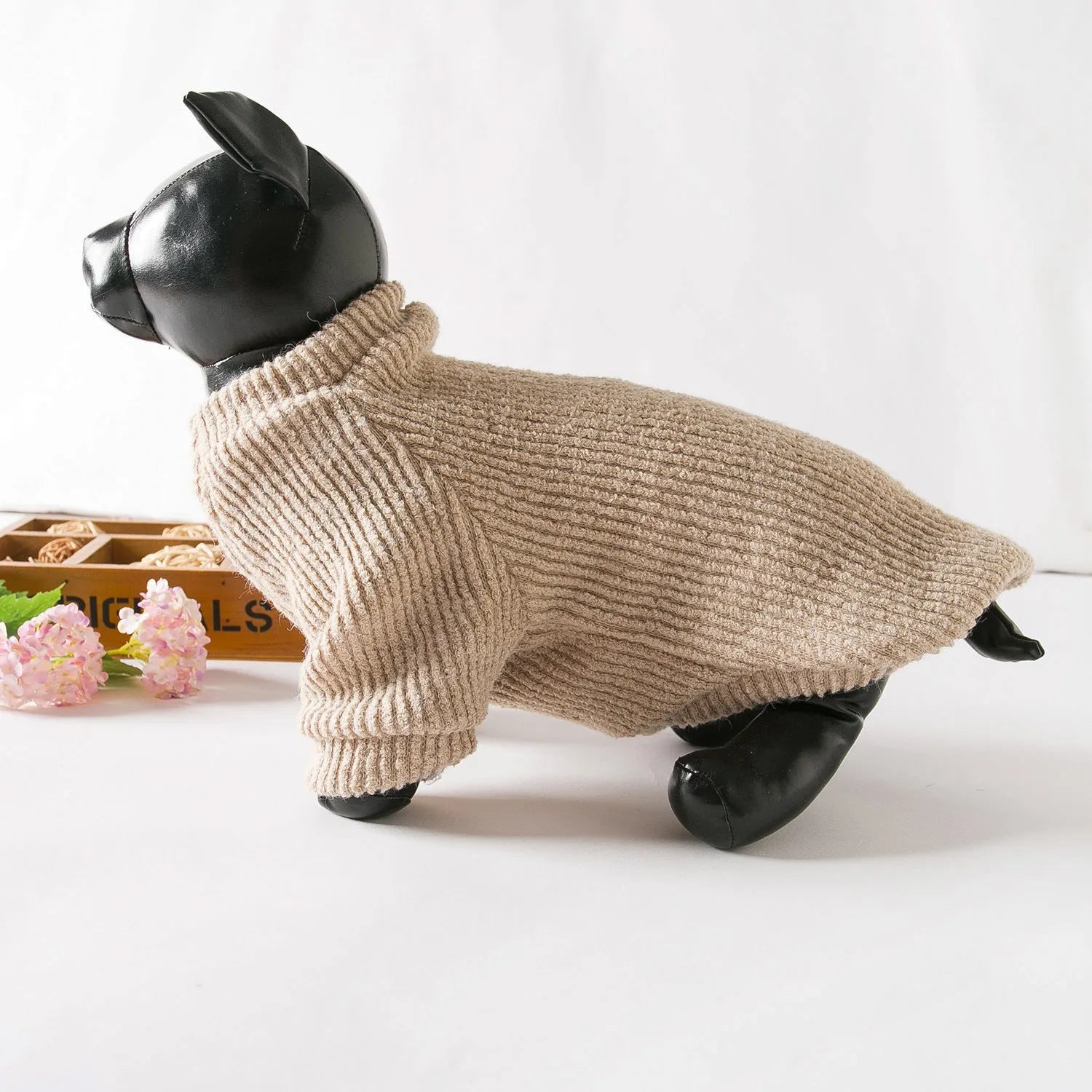 Brown knitted dog sweater pullover for small breeds like Bichon or Pomeranian on a white background