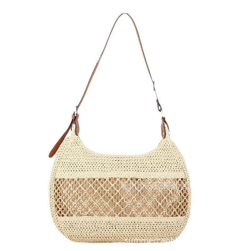 Women's straw cross body bag in horizontal square shape with sandwich pocket, khaki colour option