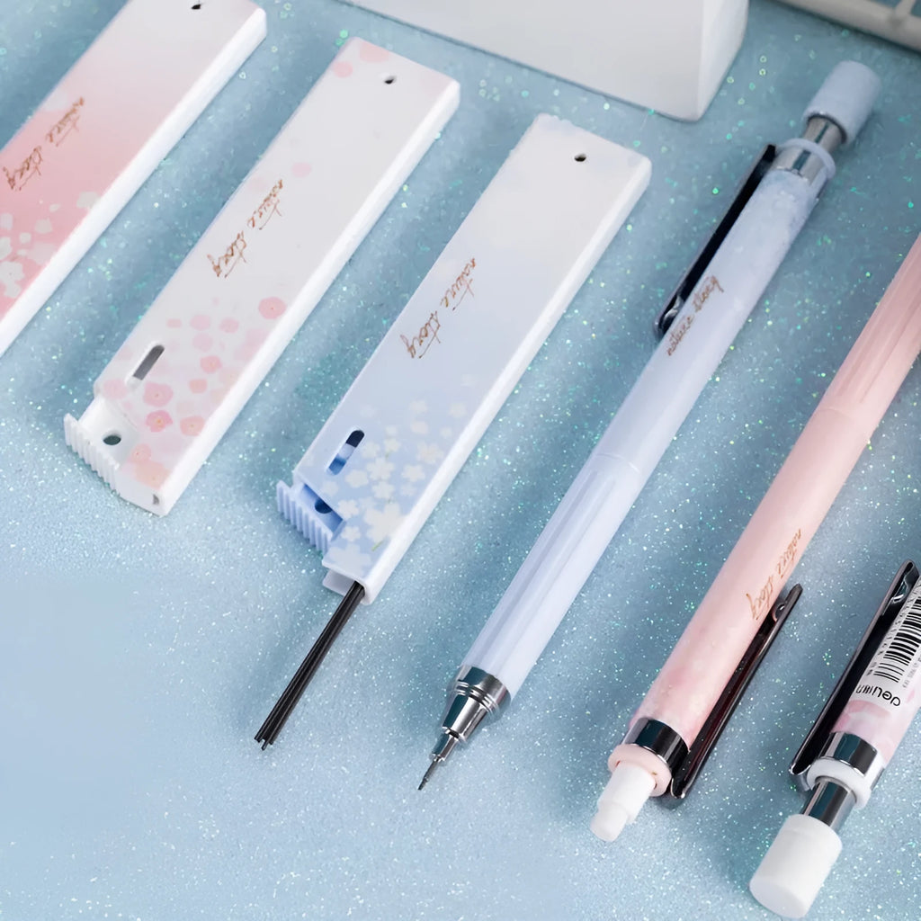 Cartoon design automatic pencil set with 0.5mm leads and three refill boxes in mixed colours