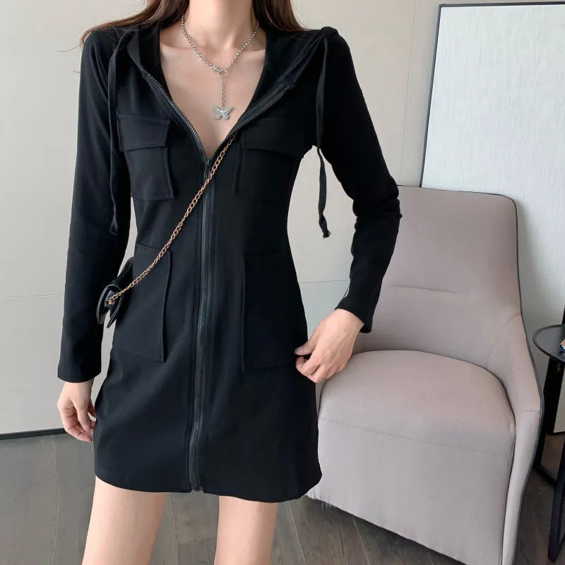 Women's mid-length hooded zip-up sweatshirt dress in 100% polyester, grey black or white, sizes S to 2XL