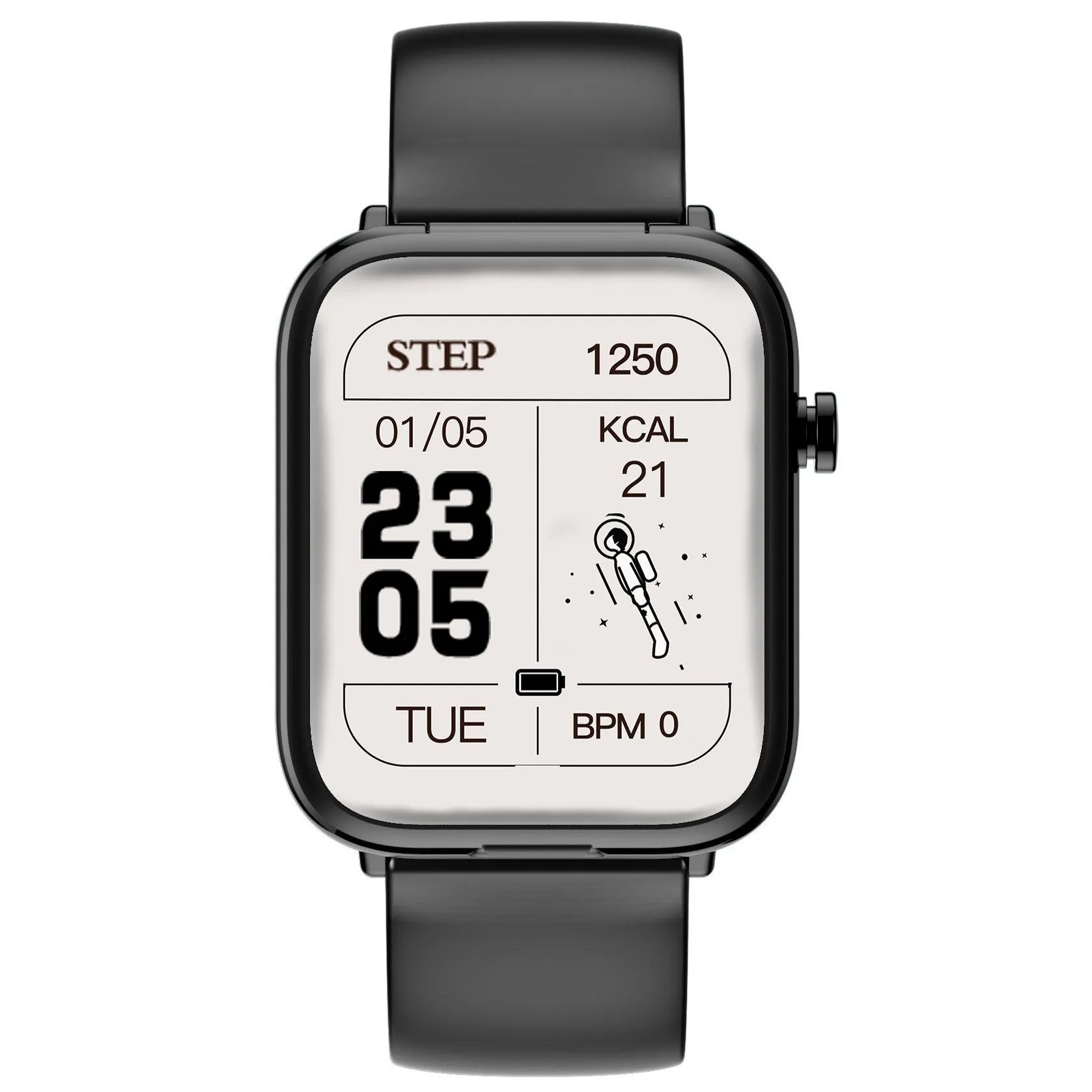 Black zinc alloy smartwatch with touch screen next to its wireless Bluetooth earbuds and charging case.