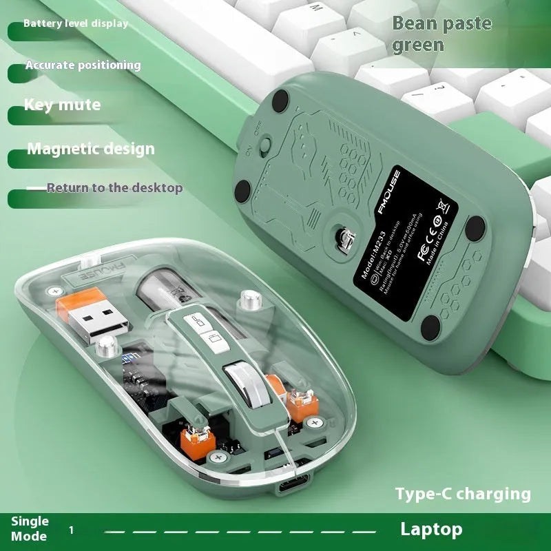 Transparent wireless computer mouse with USB connector showing internal components