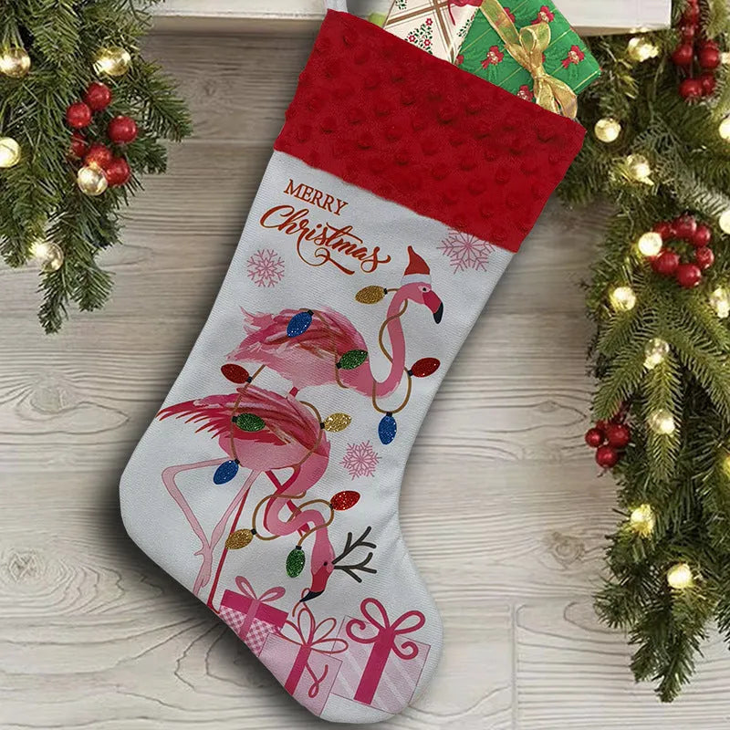 Red cloth Christmas stocking with white cuff hanging on a mantelpiece.