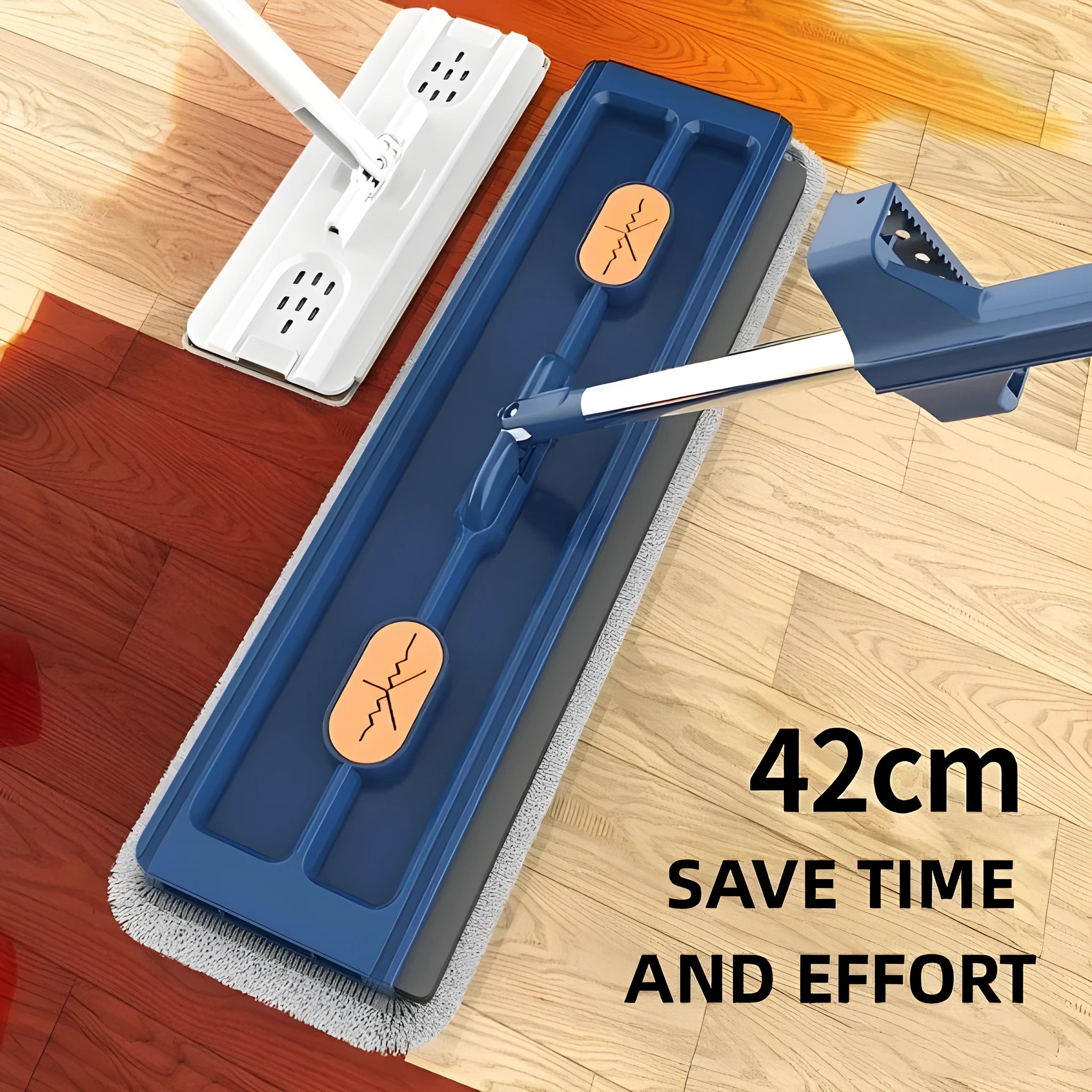 Large flat mop with extended stainless steel handle and blue fine fibre cloths on rotating head