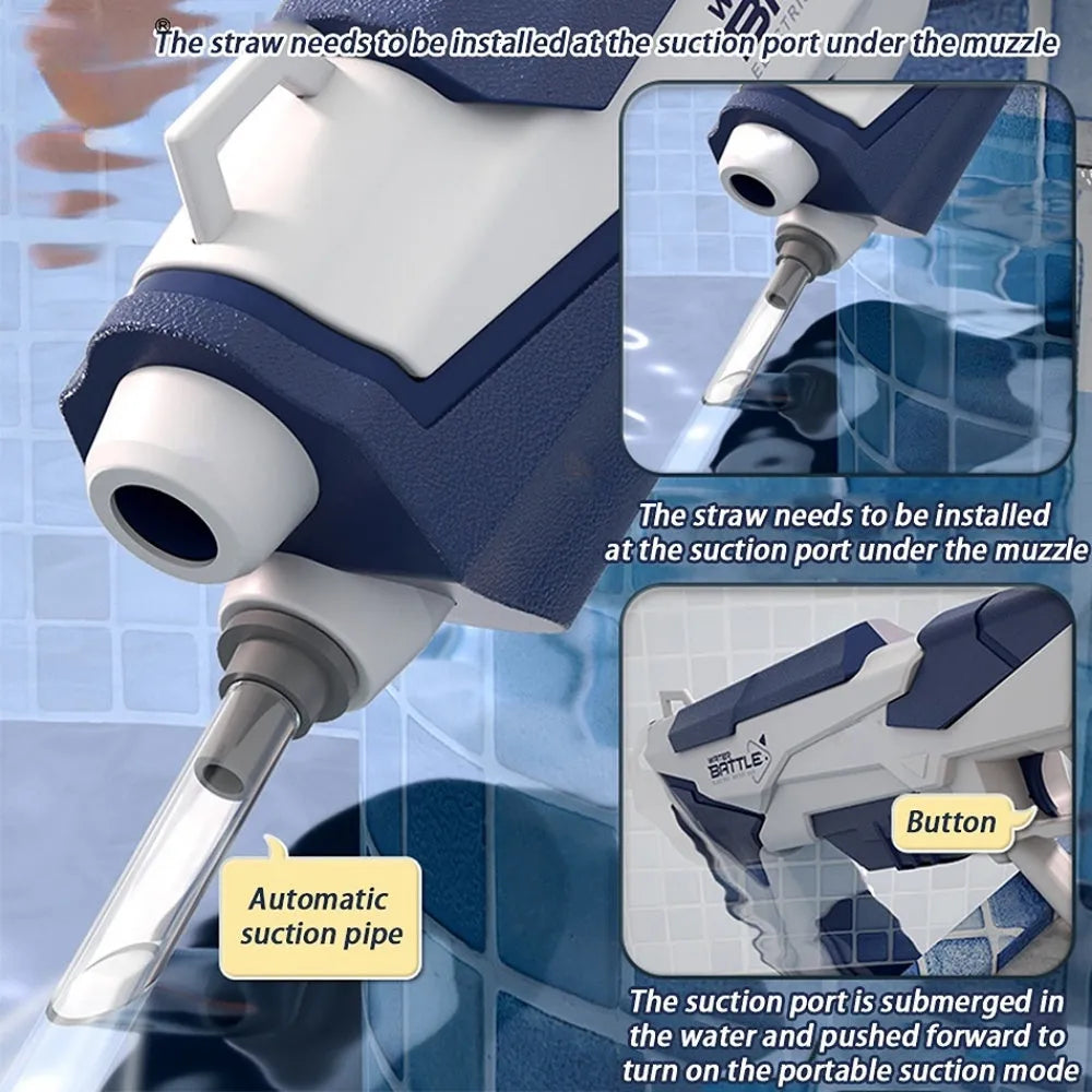 Blue and pink Space Water Gun electric toy with USB charging cable on a blue background.