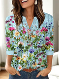 Women's loose fit V-neck top with a 3D pattern print in a casual pullover style.