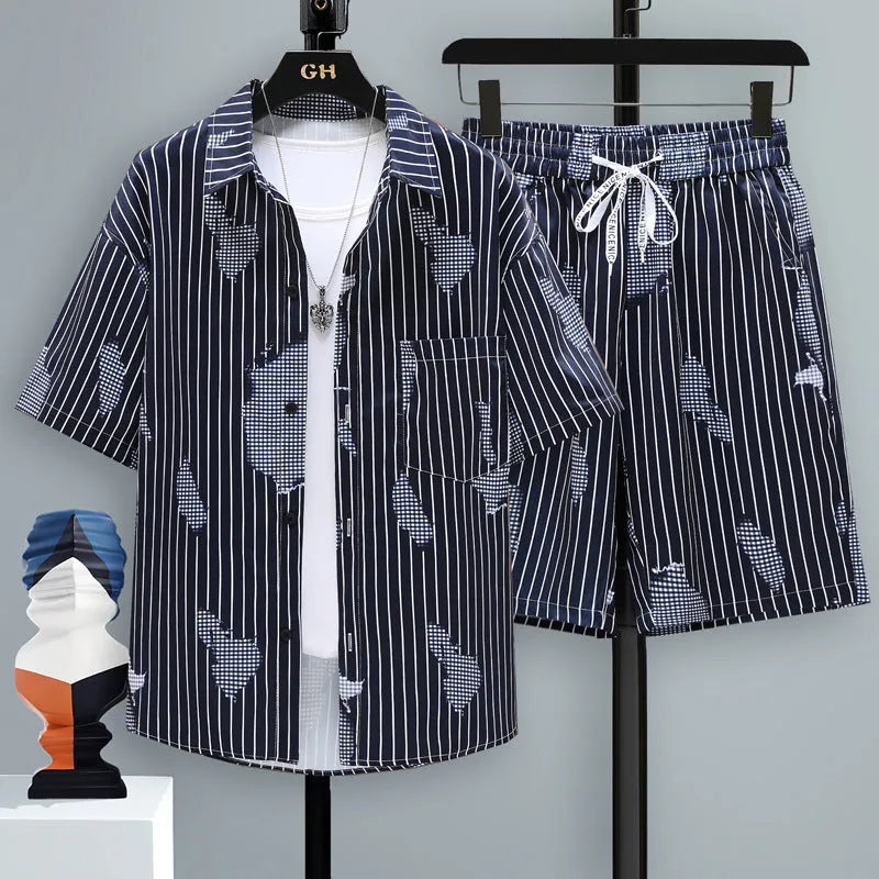 Men's casual polyester short sleeve top and matching shorts two-piece set on a hanger