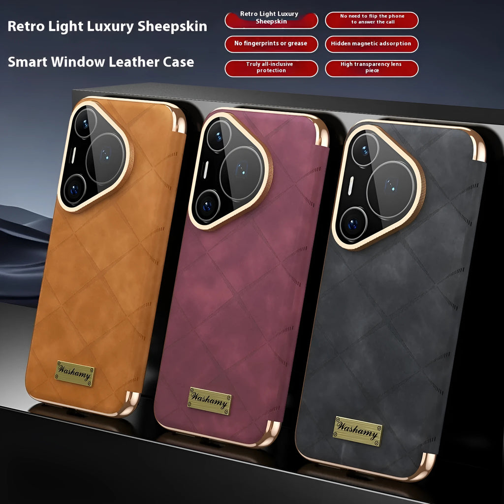 Electroplated diamond grid Huawei phone case in black, brown, and purple with embossed imitation leather