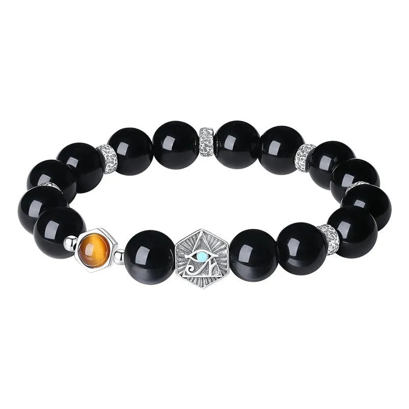 Men's S925 sterling silver bracelet with tigereye obsidian bead and God's Eye inlay design