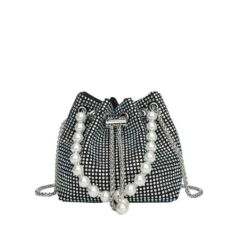 Light diamond PU crossbody shoulder bag with chain strap in bucket shape.