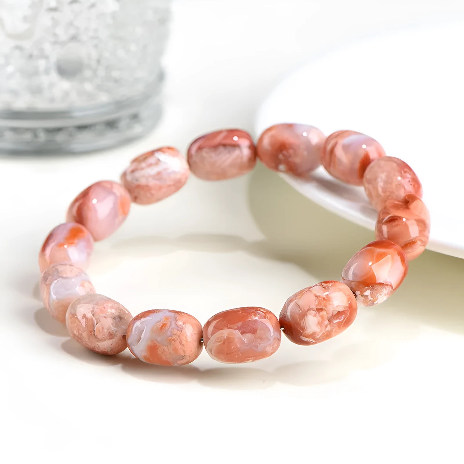 Natural cherry agate barrel bead bracelet with Ruyi elements and 10x14mm beads