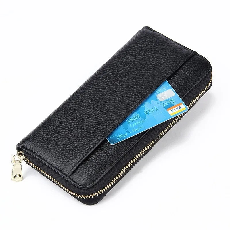 Genuine leather long women's wallet in multiple colours showing anti-theft card slot and storage compartments