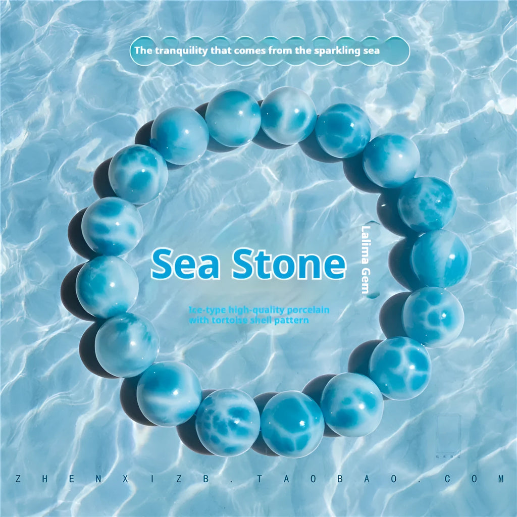 Blue natural crystal sea-pattern stone Bodhi bracelet with pearl decoration in Maillard style