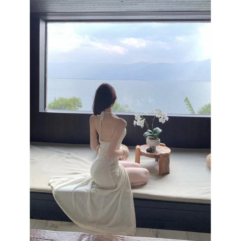 Backless slit strap knit midi dress for women in green or apricot, sleeveless high waist one size