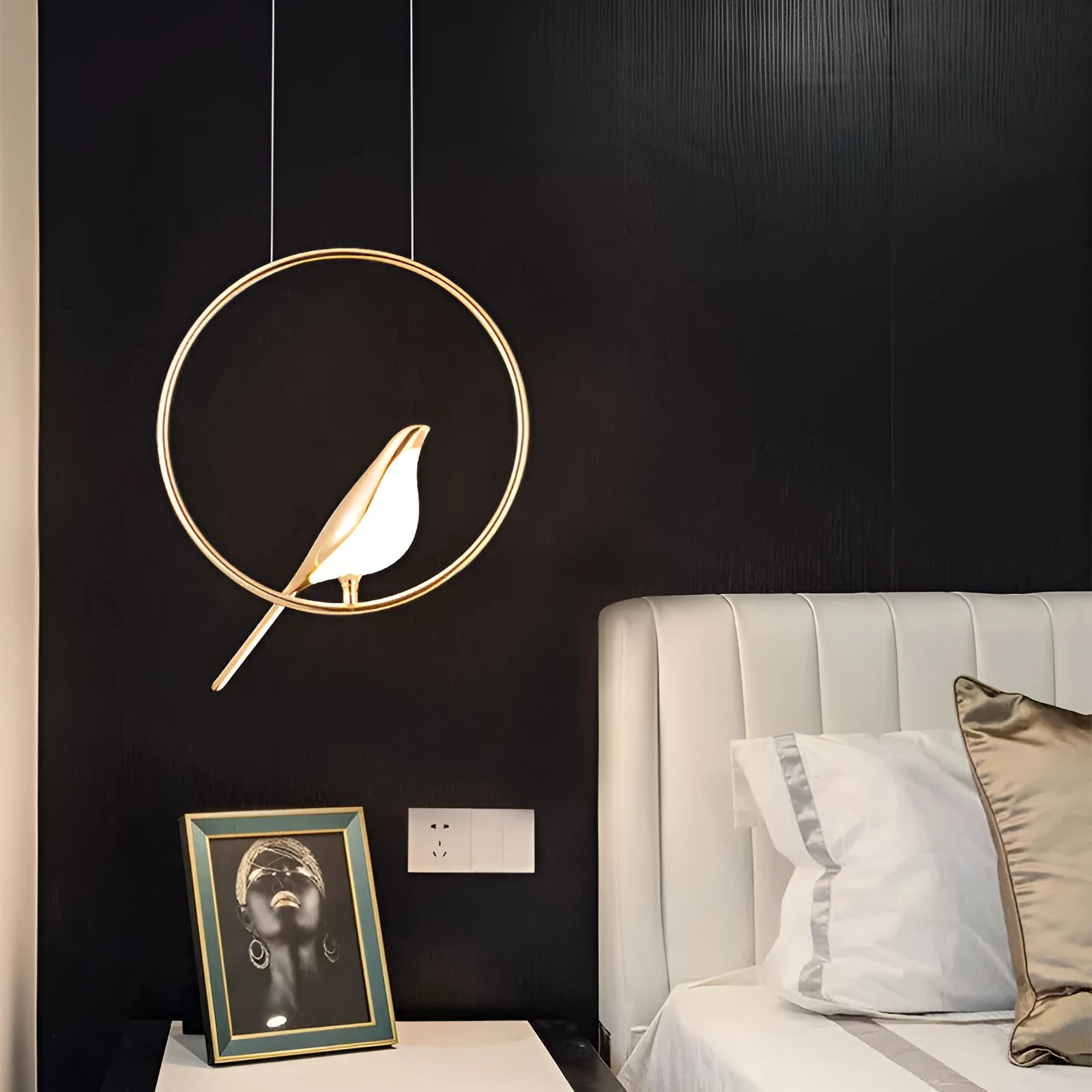 Modern minimalist magpie bird chandelier light fitting in zinc alloy and acrylic