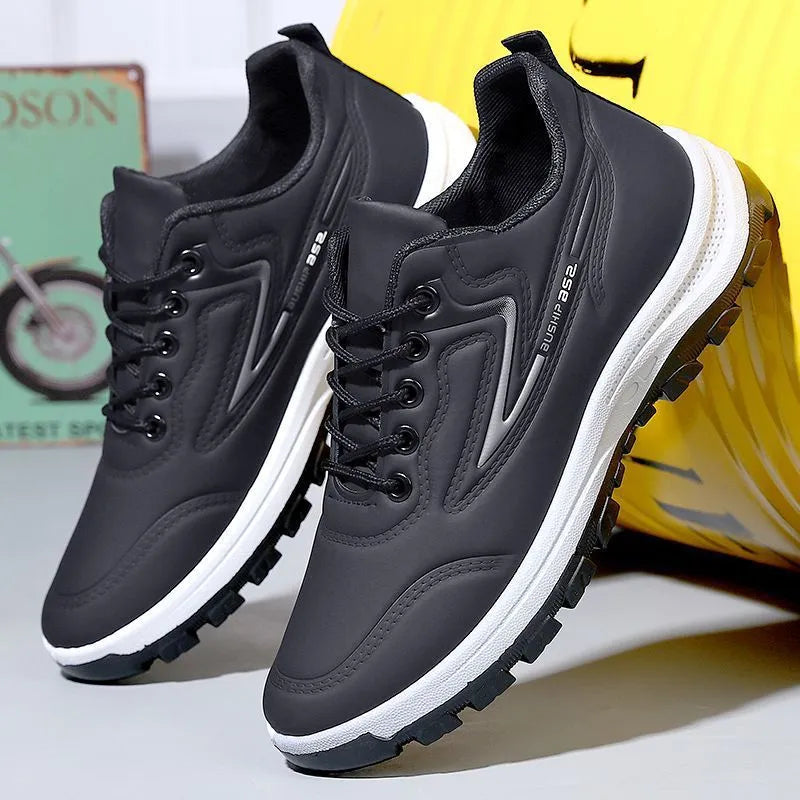 Waterproof leisure sports shoes with soft bottom, artificial PU upper, high mouth above 11cm, black red or black gray