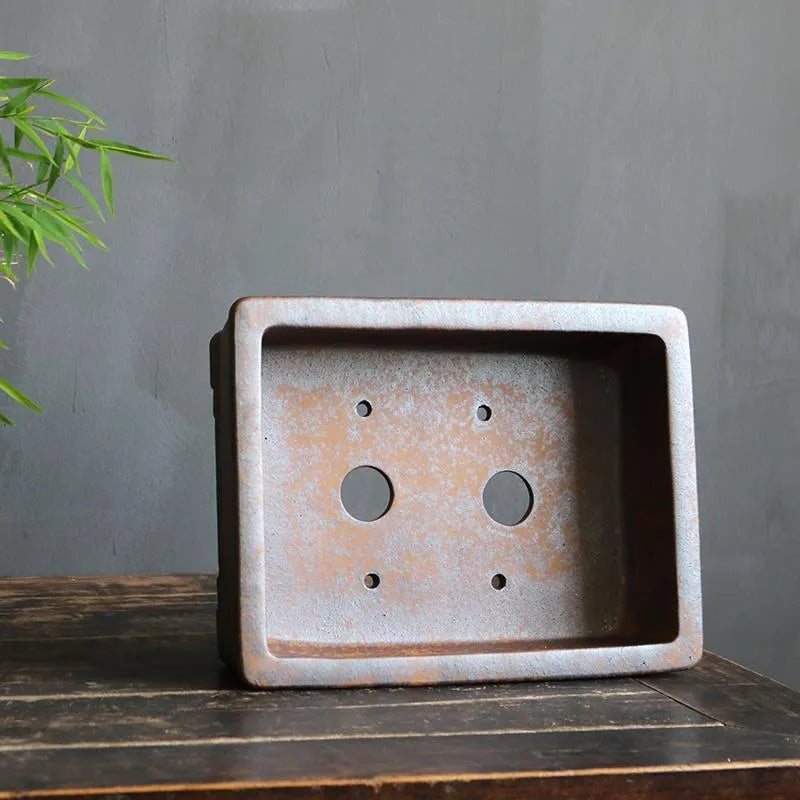 Purple sand rectangular bonsai pot with firewood burning pattern for pine and cypress plants