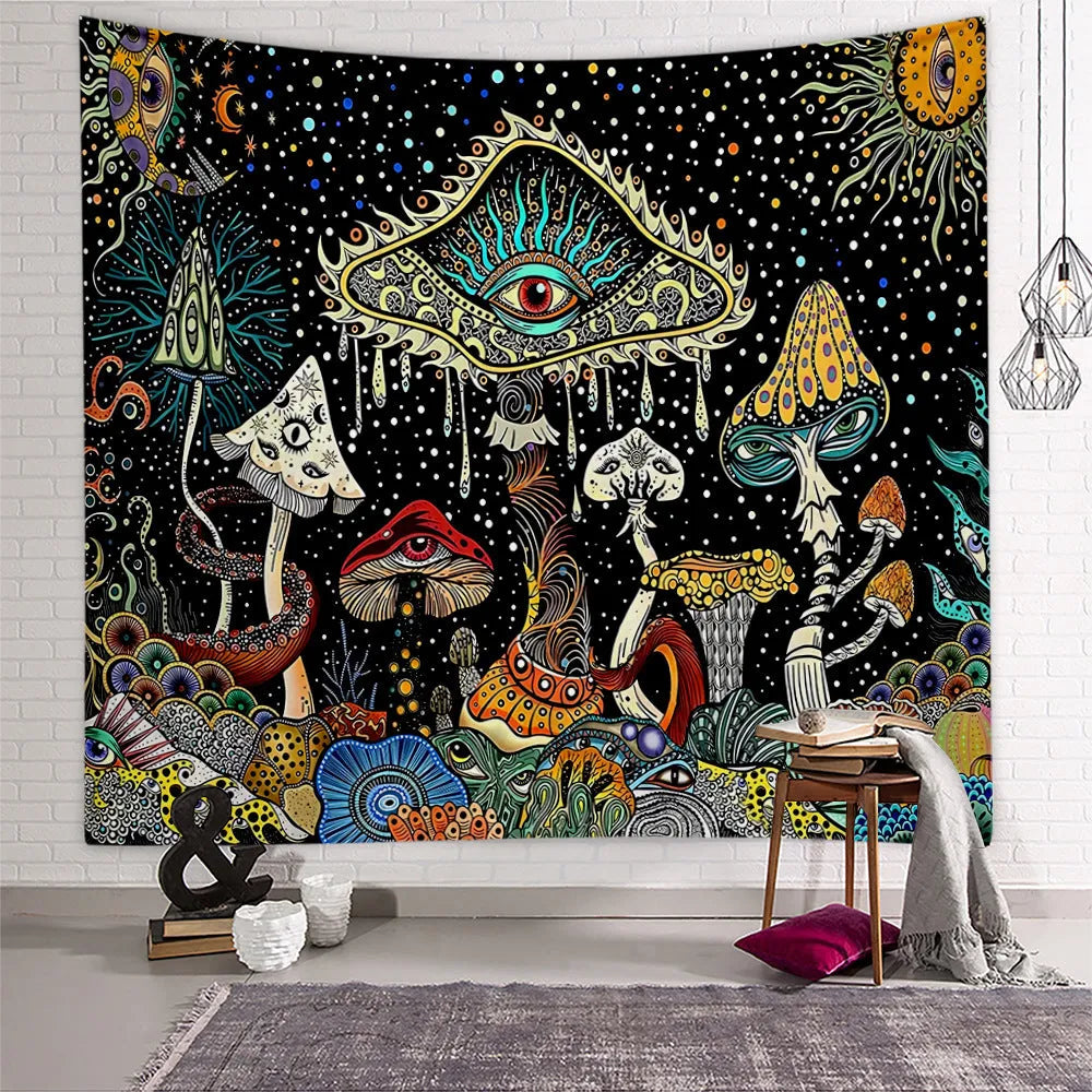 Starry Mushroom polyester tapestry with skull and geometric abstract pattern, rectangular machine-woven wall hanging in multiple sizes