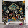 Starry Mushroom polyester tapestry with skull and geometric abstract pattern, rectangular machine-woven wall hanging in multiple sizes