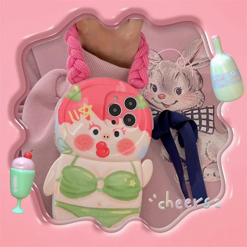 Pink and green cartoon braid swimsuit girl silicone iPhone case for iPhone 11 to 14 models