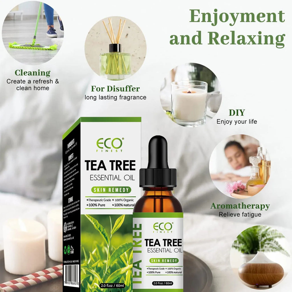 60ml glass bottle of pure tea tree essential oil with a dropper for skincare and aromatherapy