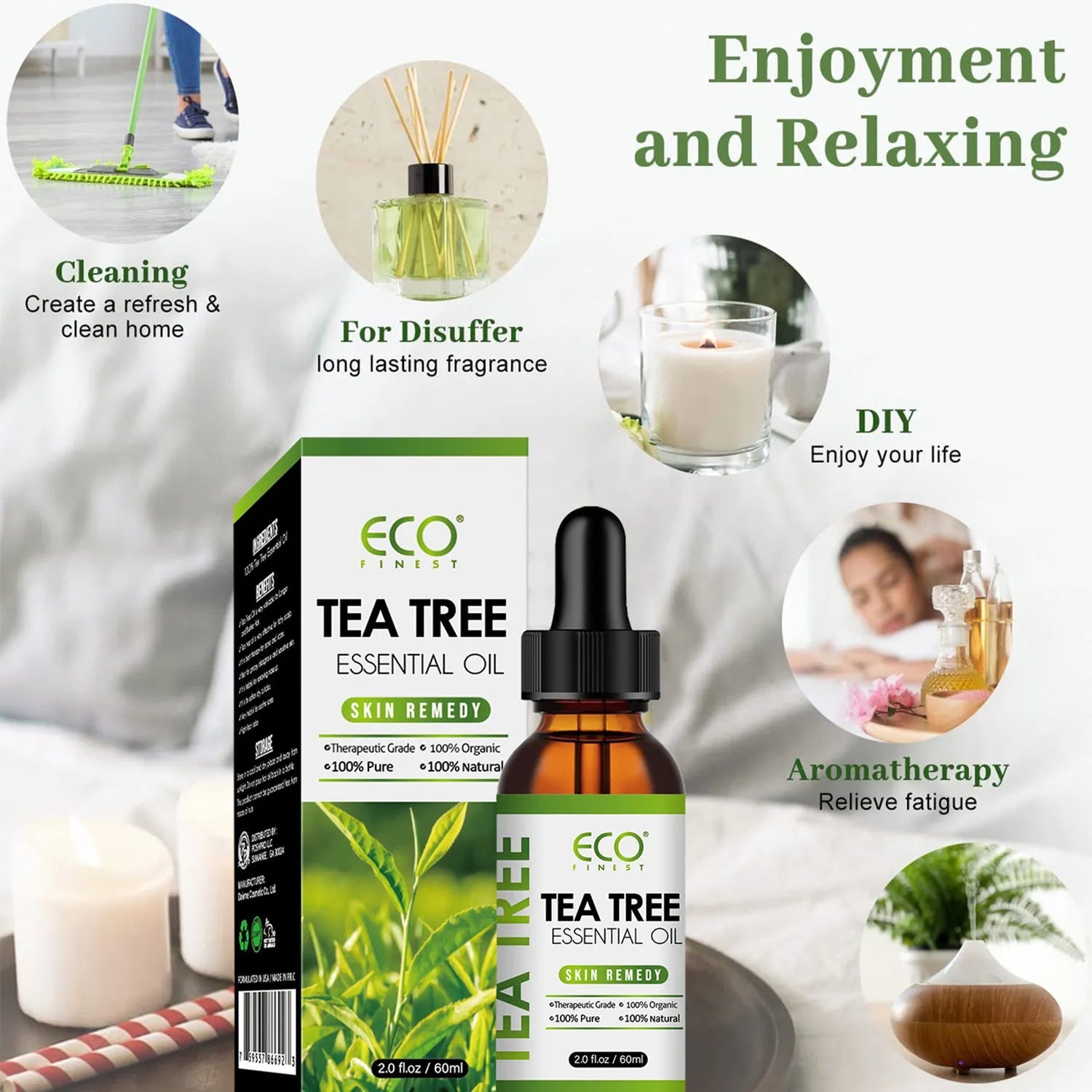 60ml glass bottle of pure tea tree essential oil with a dropper for skincare and aromatherapy