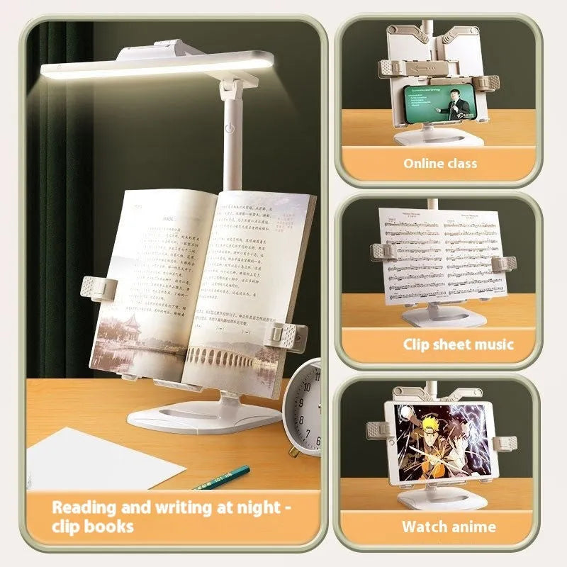 Adjustable reading bookshelf lamp with three colour temperature settings on a desk