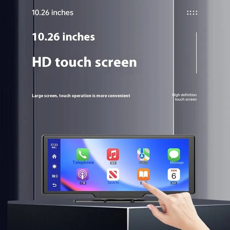 10-inch car smart screen with Carplay navigation and integrated front and rear driving recorder on a dashboard