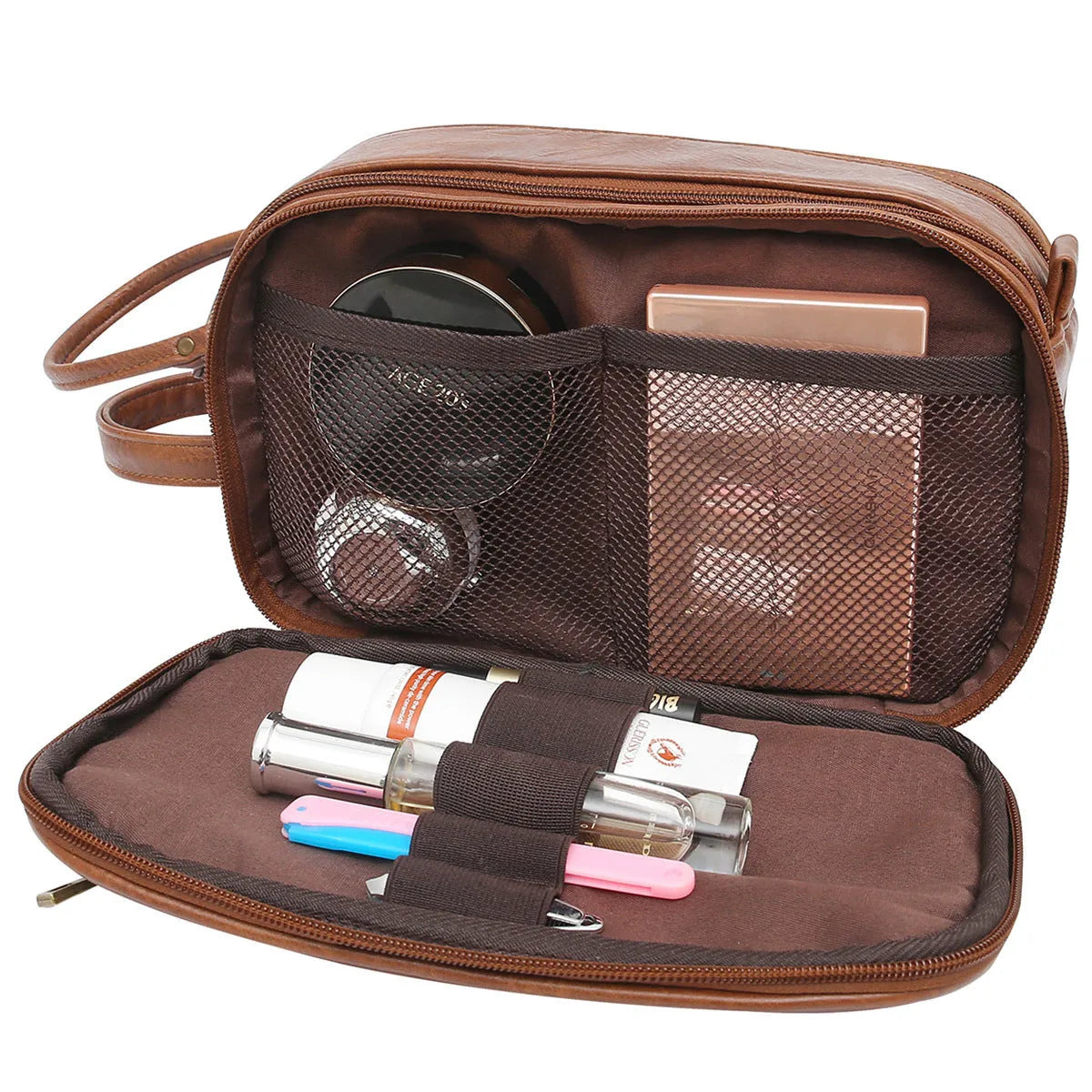 Men's black toiletry travel bag made from Pu material with solid colour design