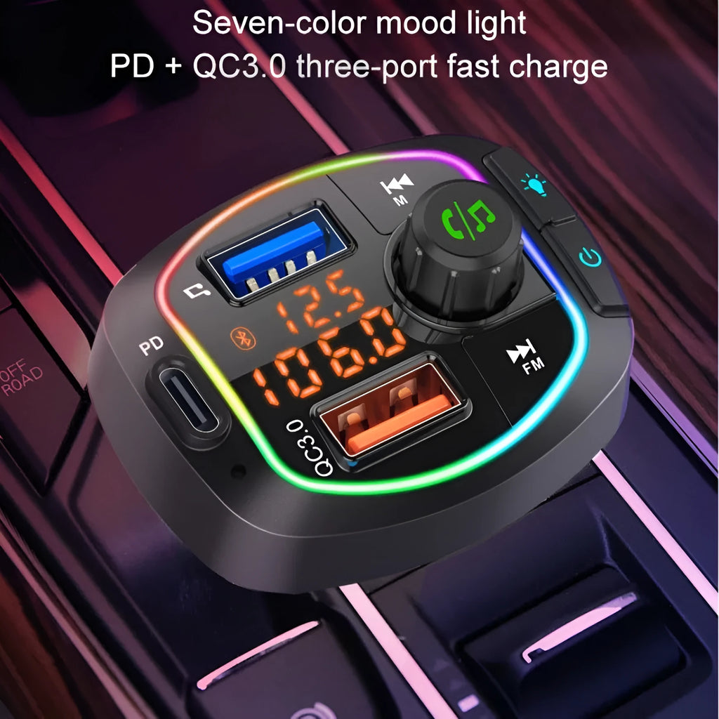 BC66 black car MP3 Bluetooth player with dual digital tube display, fast charging and seven-colour ambience light