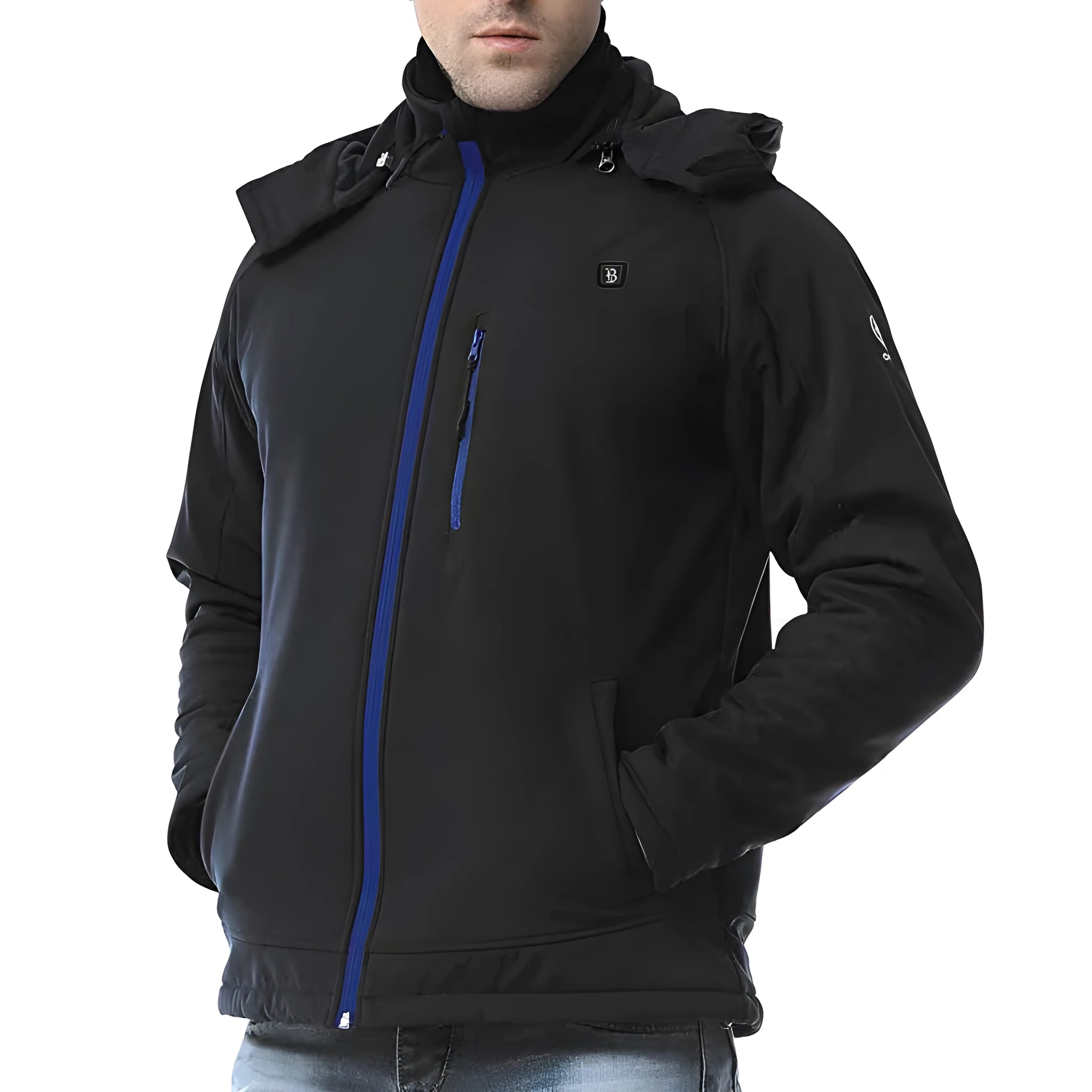 Black USB-powered waterproof winter coat for men with zipper pockets, shown in size L.