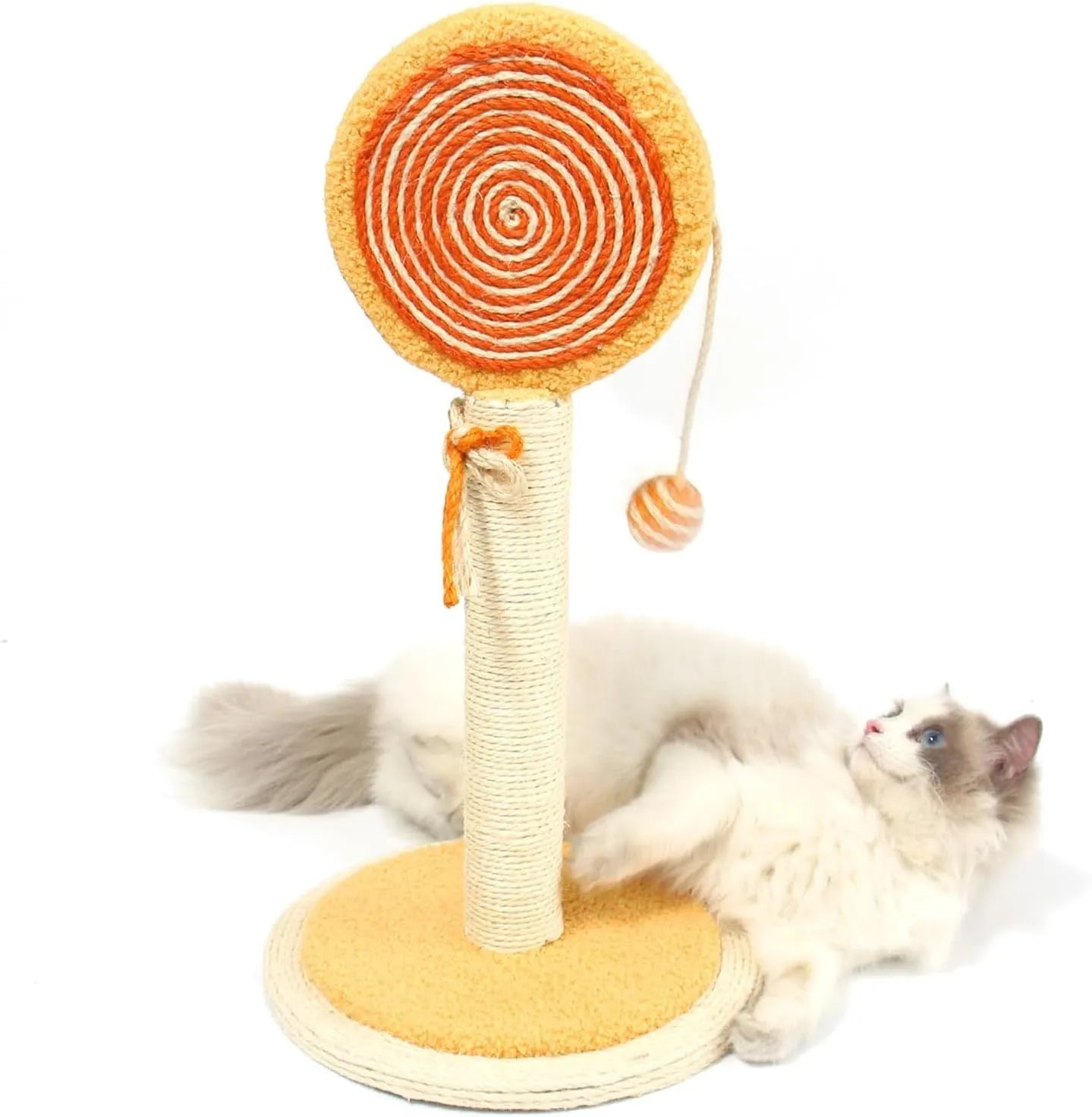 Blue cat scratching post with natural sisal rope and a hanging ball on a sturdy wooden base