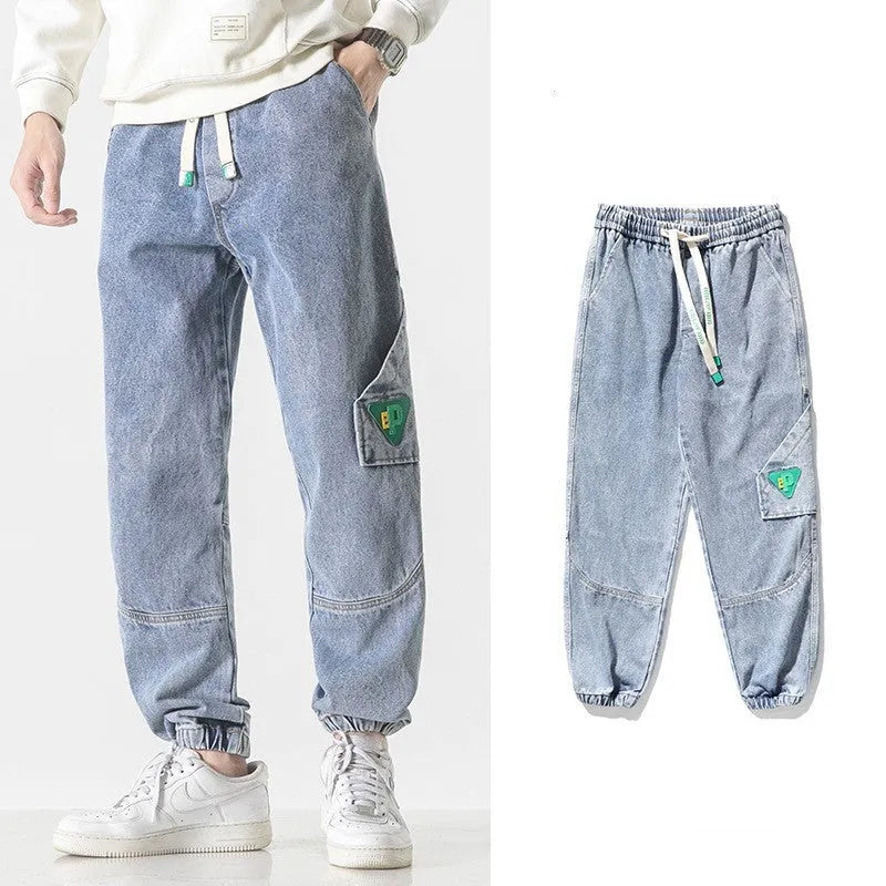 Men's cotton loose fit tapered trousers in black, blue, or grey colours with mid waist design
