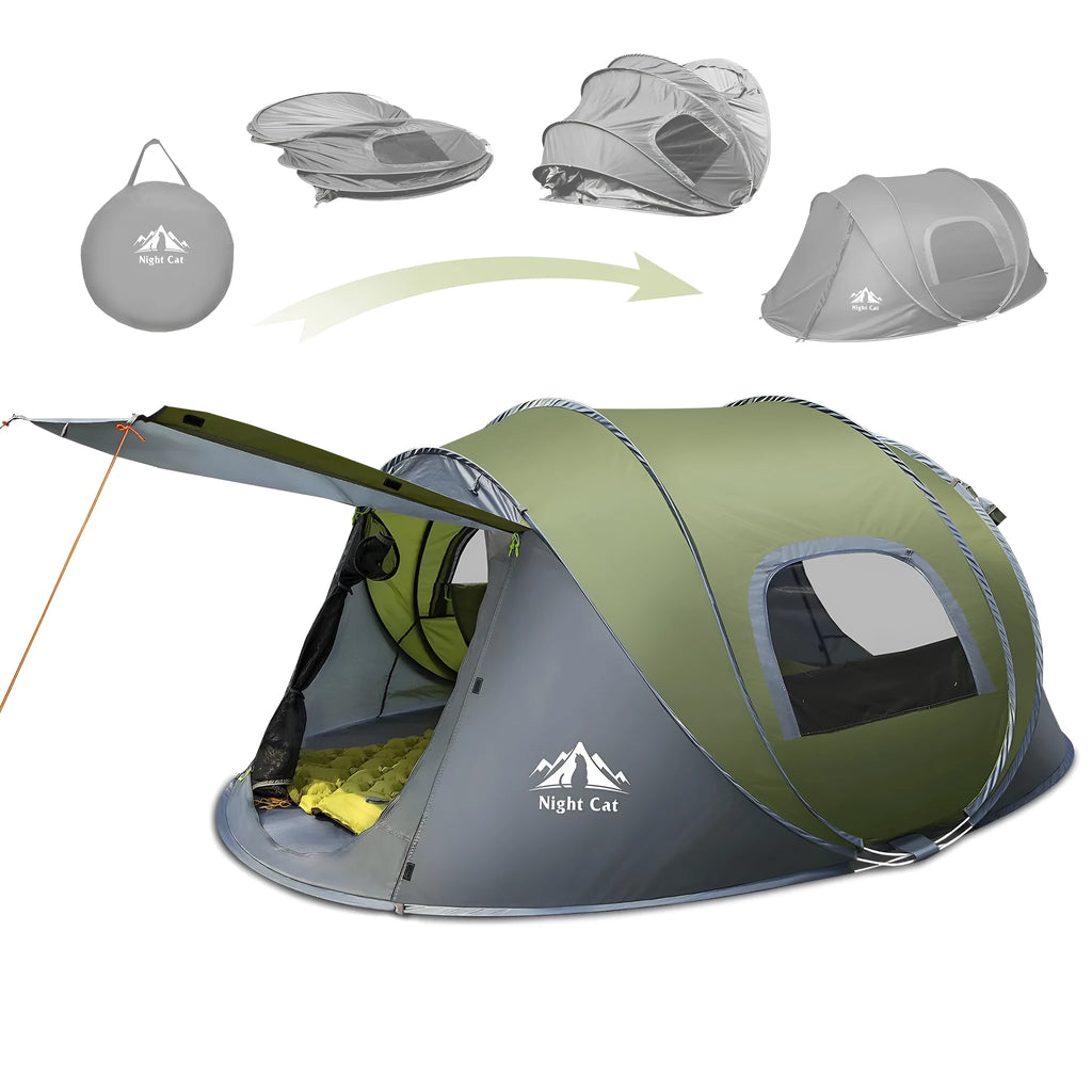 Dark green automatic two-person camping tent with waterproof rainfly set up in outdoor environment