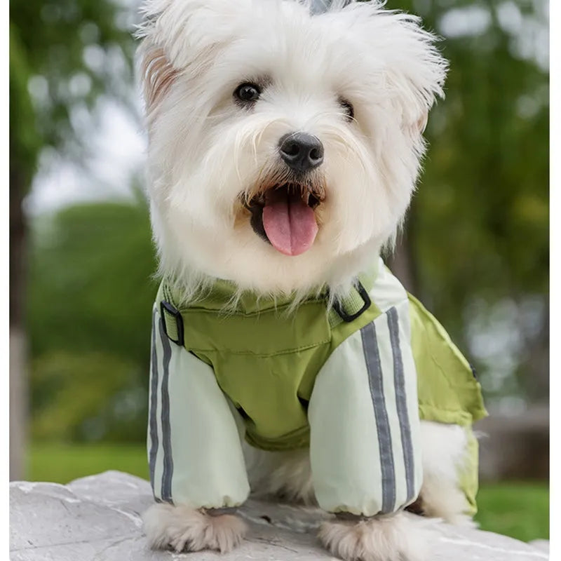 Autumn winter dog raincoat for small medium dogs windproof waterproof four-legged cotton coat with reflective stripes blue colour