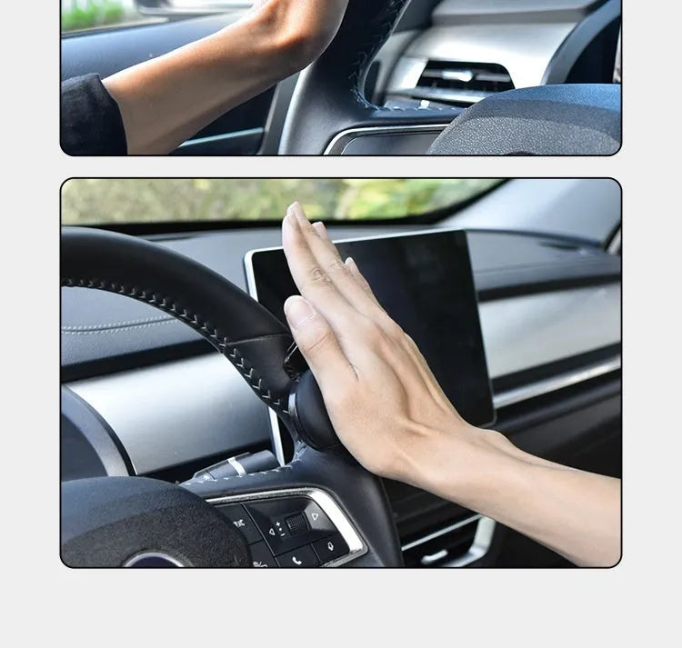 Black and blue silicone steering wheel assist ball for single-handed driving on a car steering wheel.