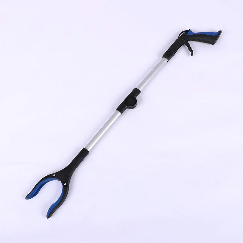 Foldable aluminum alloy garbage clamp with magnet sucker extended and folded showing blue yellow and orange handles
