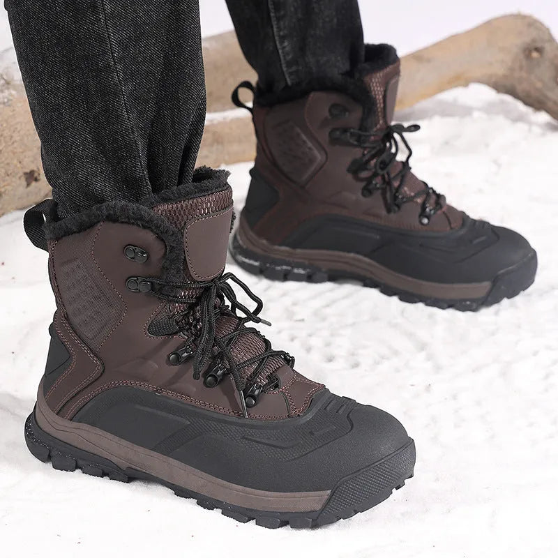 Men's black high-top lace-up boots with fleece lining, shown in plus sizes.