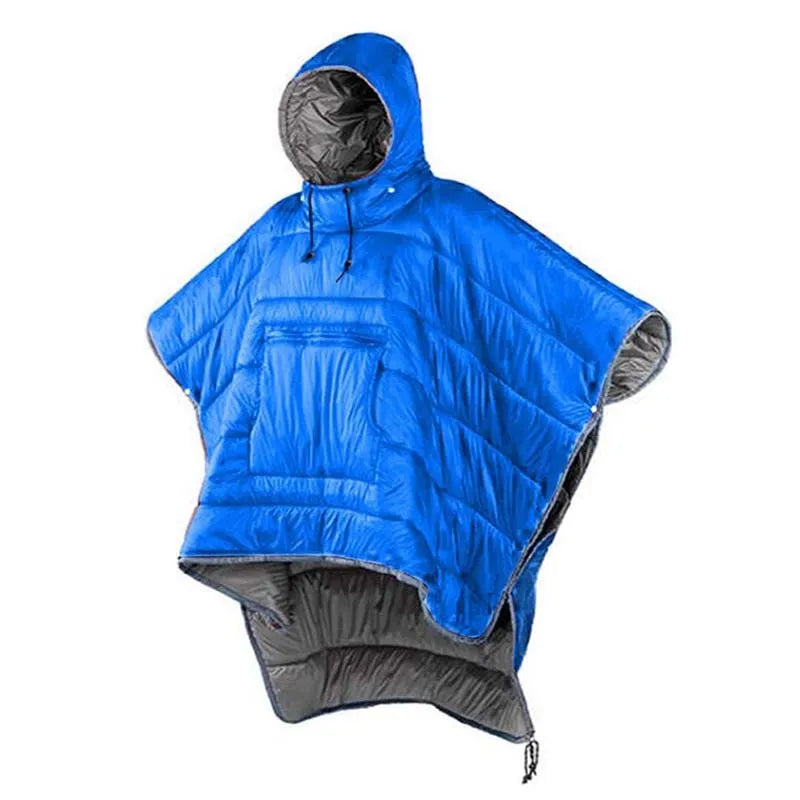 Grey adult wearable outdoor cloak sleeping bag laid flat showing 200cm length