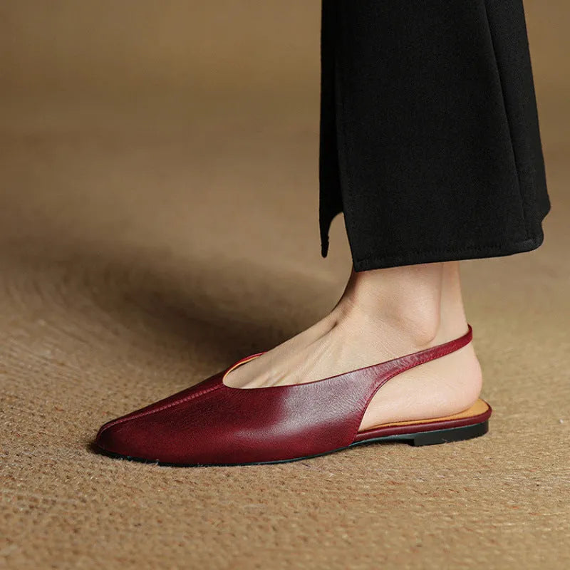 Women's flat summer sandals with pointed toe, hollow out detail, pigskin lining, beef tendon sole