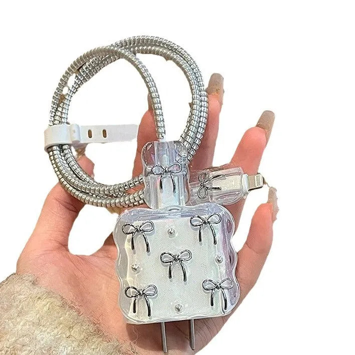 Transparent TPU charger cover set with bow design, 5-piece kit for 20W charger head and cable protection
