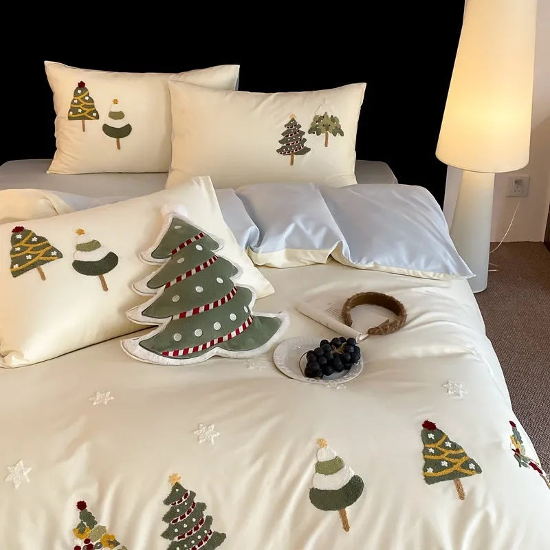 Cotton four-piece bedding set with embroidered Christmas tree and plants pattern in cream blue colour