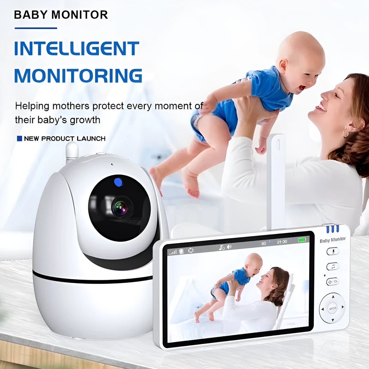 White HD wireless baby monitor with 5-inch screen showing room temperature display