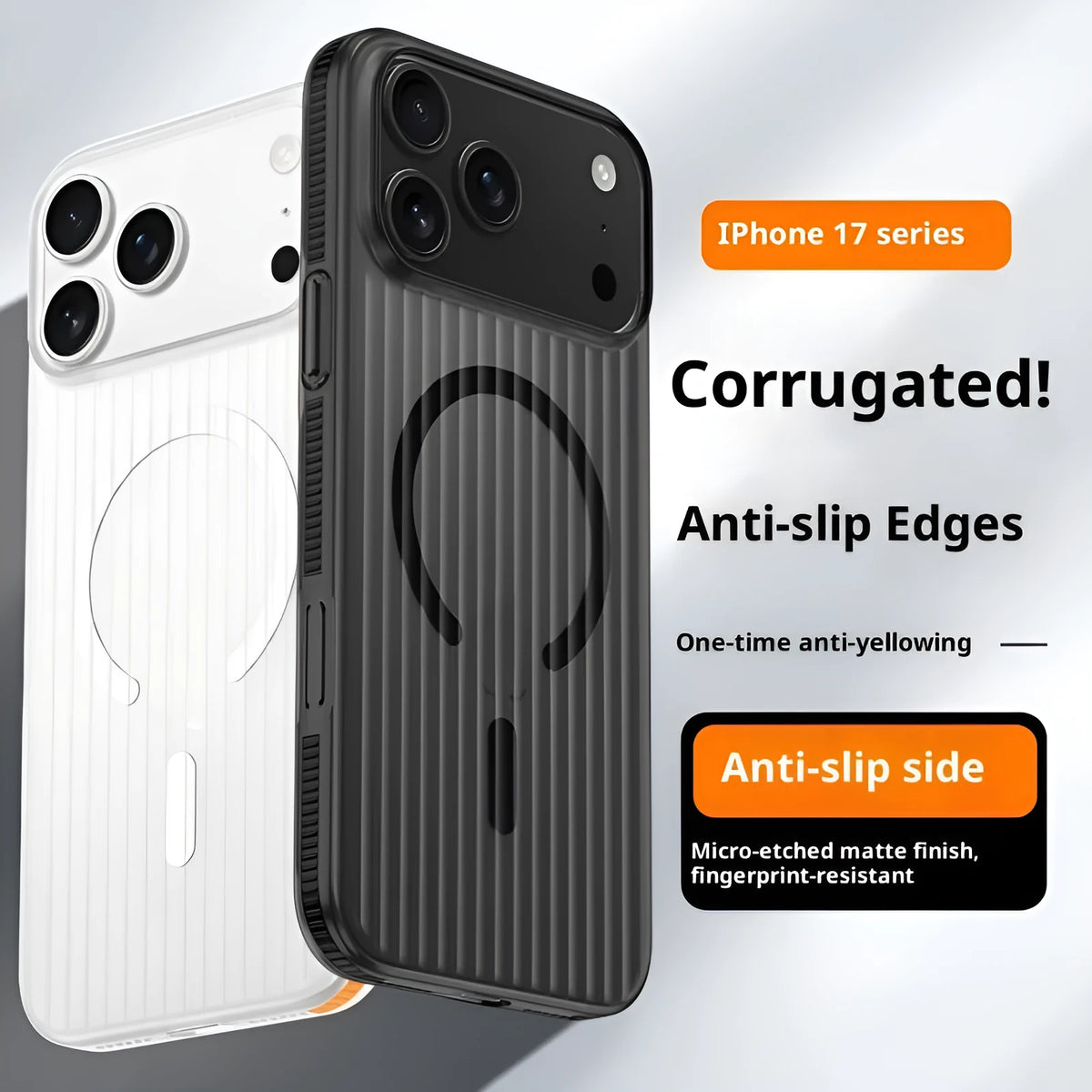 Corrugated magnetic anti-slip frosted PC phone case for iPhone 13 to 17 series in black
