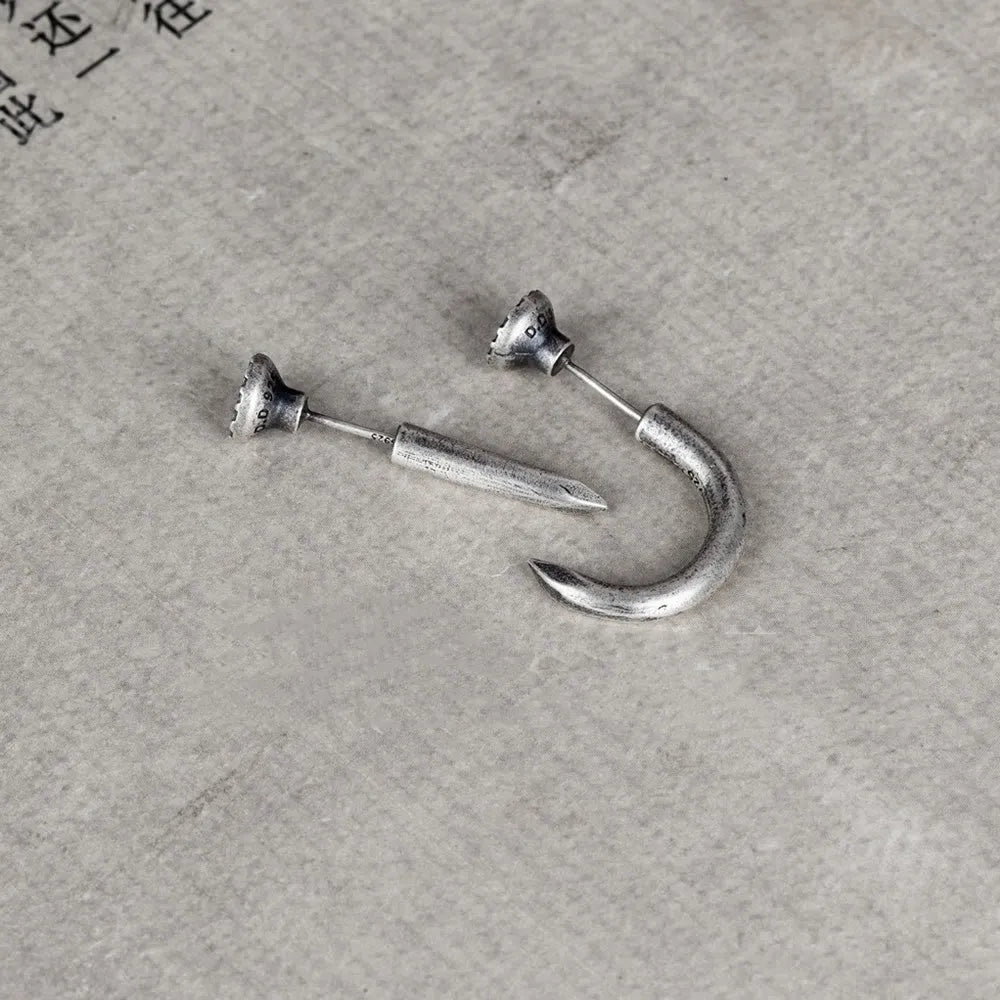 S925 sterling silver punk nail stud earring on an ear hook, showing straight and curved style options.