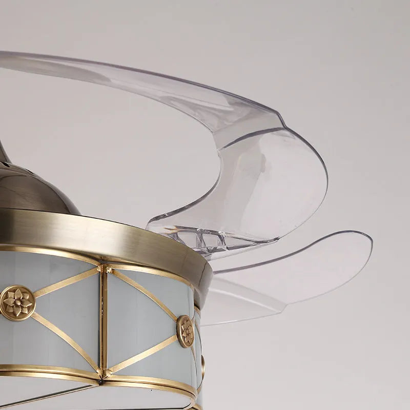 Gold 42 inch ceiling-mounted silent fan light with invisible blades and remote control.