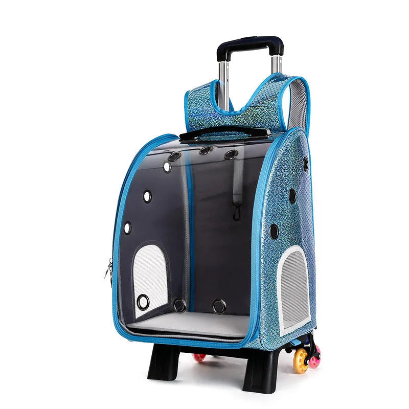 Transparent pet trolley bag with folding shoulder strap in blue colour