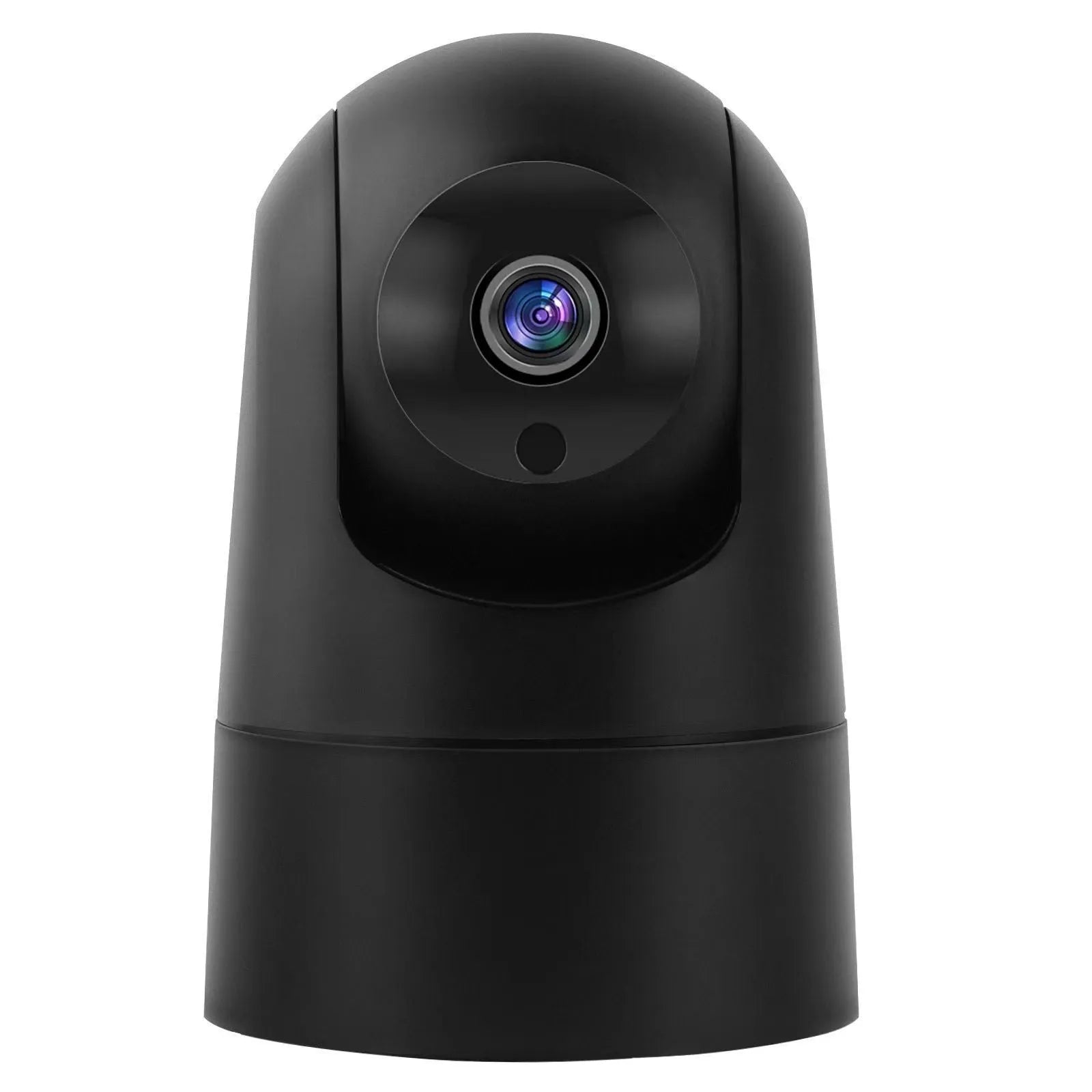 White indoor pan tilt security camera with microphone and speaker for two-way voice on a desk.