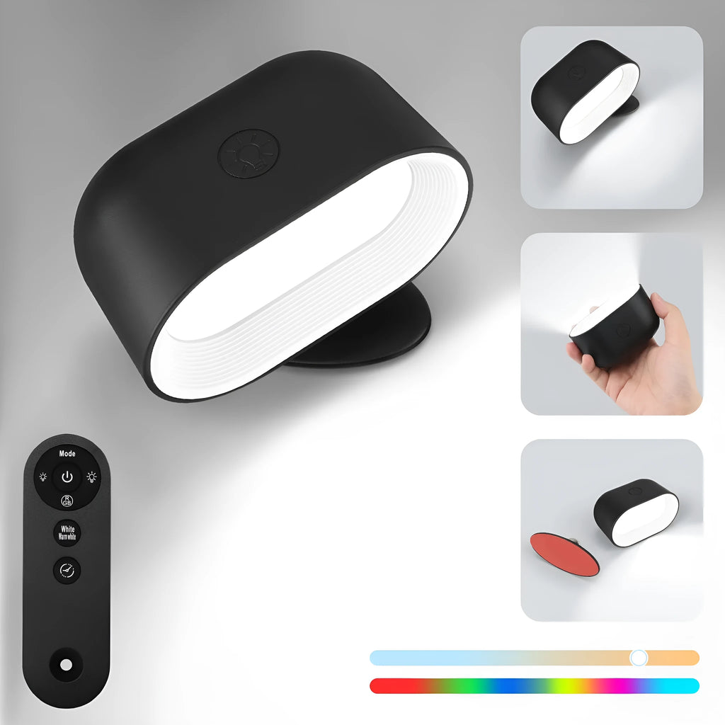 Oval shaped remote control touch wall lamp with adhesive mount and magnetic rotation